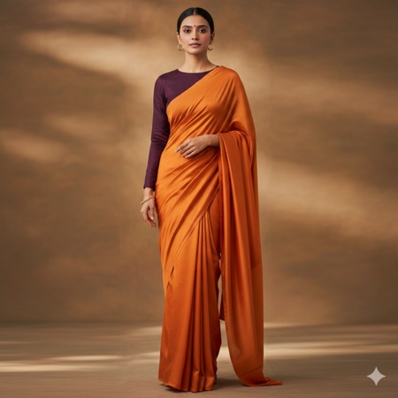 a woman wearing a bright orange silk saree with a purple blouse