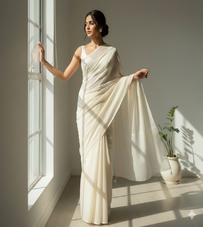 a woman wearing an ivory saree near a window