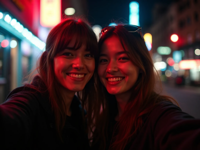 ein lässiges Street-Selfie vor einem Veranstaltungsort in der Stadt bei Nacht
