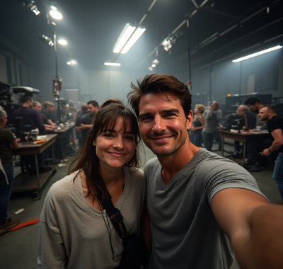 ein fotorealistisches Selfie am Filmset zwischen zwei Takes