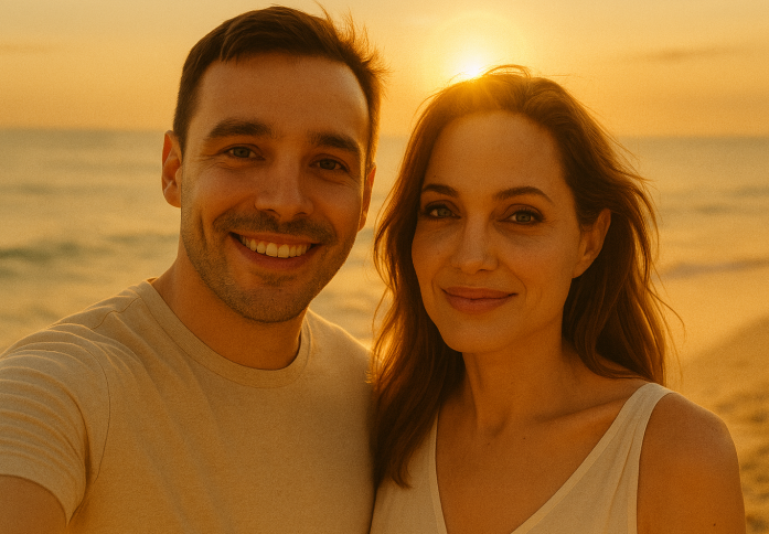 ein realistisches Strand-Selfie bei Sonnenuntergang