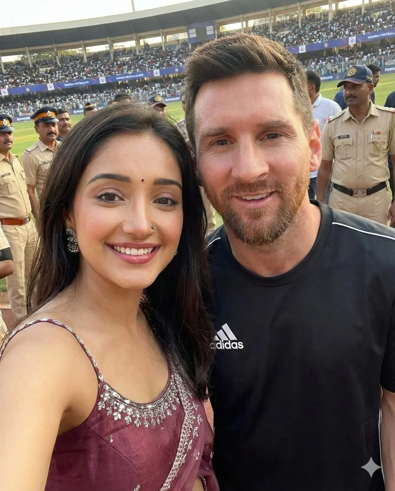 selfie with lionel messi at hyderabad stadium 2 people with woman