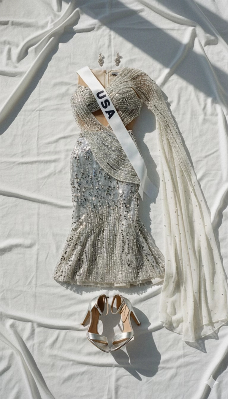 Miss Universe USA silver sequin cutout gown with matching draped scarf, white sash, dangling earrings and metallic high heels on white fabric