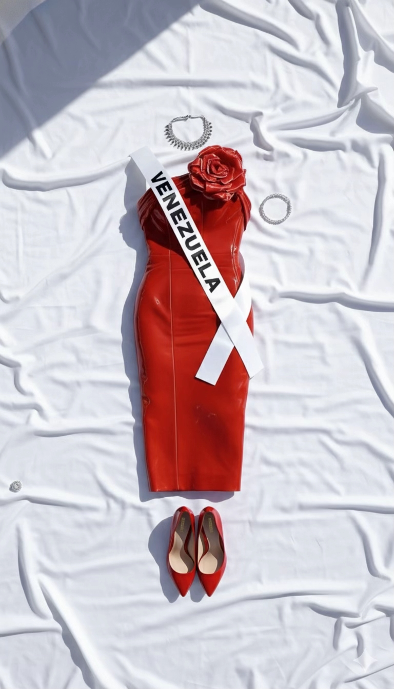 Miss Universe Venezuela glossy red strapless midi dress with large rose detail, white sash, red high heels and crystal necklace on a white background