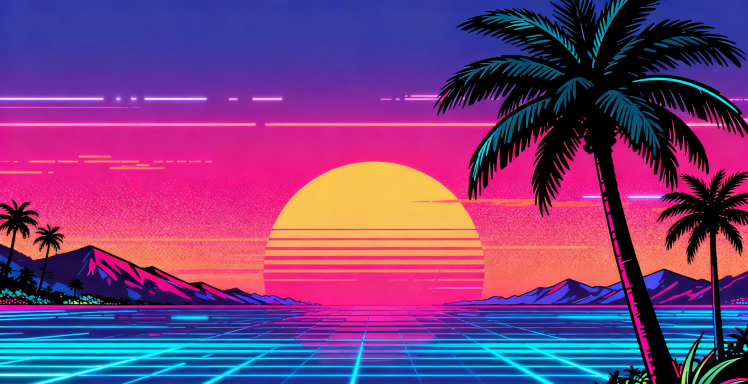 غروب شمس vaporwave مع أشجار النخيل