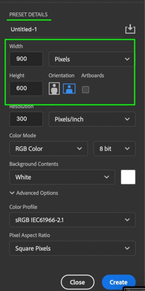 find the width and height boxes