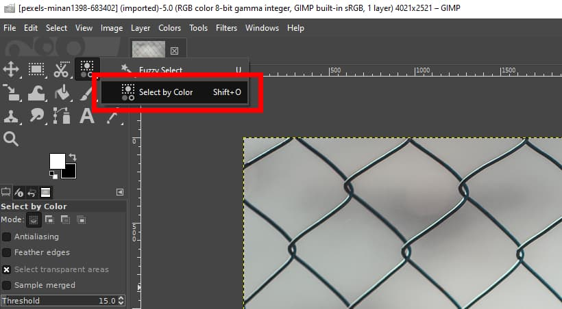 GIMP Colors menu showing Color to Alpha option
