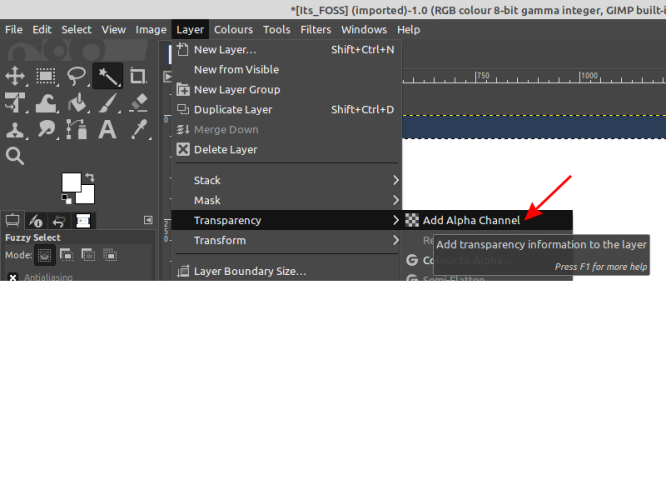 GIMP Layer Transparency menu with Add Alpha Channel