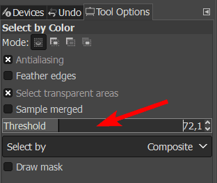 GIMP Select by Color tool threshold adjustment options