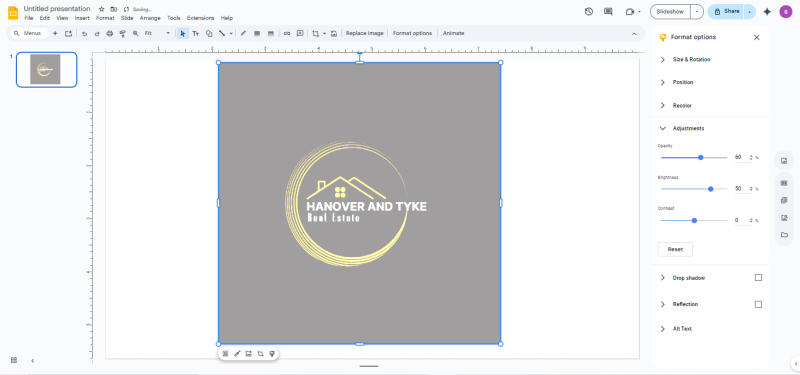 Google Slides transparency slider adjustment for white background
