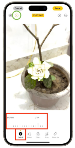 iPhone Photos app depth control slider for adjusting portrait blur