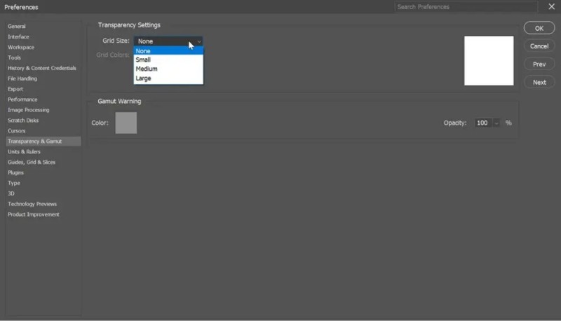 Photoshop transparency grid size set to none