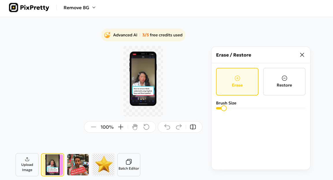 PixPretty AI erasing TikTok watermark with brush tool