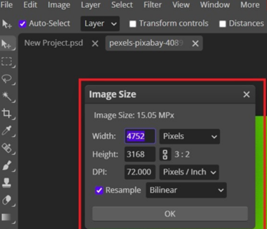 resize an image in photopea image size