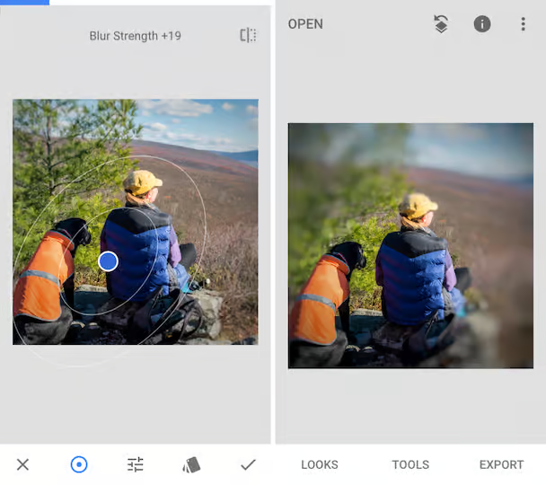 Adjusting blur transition and intensity in Snapseed