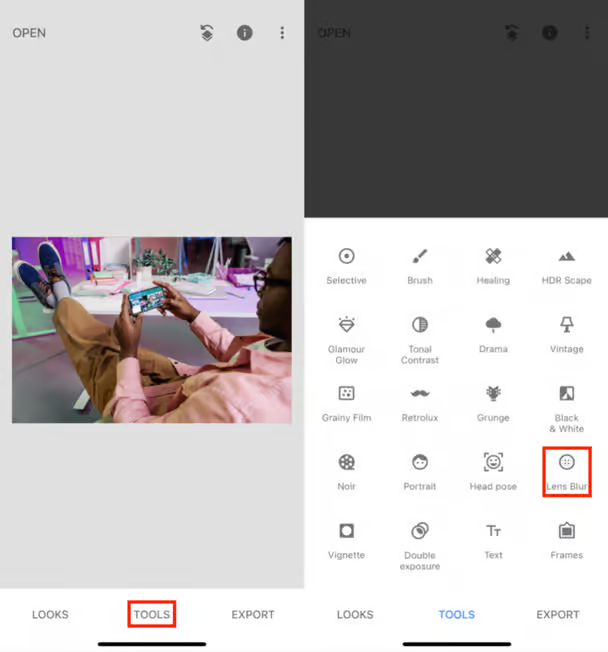 Snapseed app lens blur tool interface