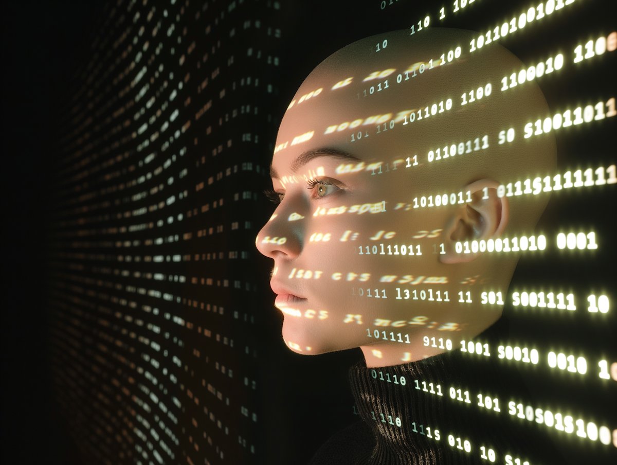 digital integration woman with winary code cverlay