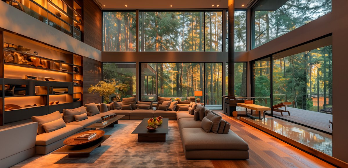 modern twilight living room with forest view