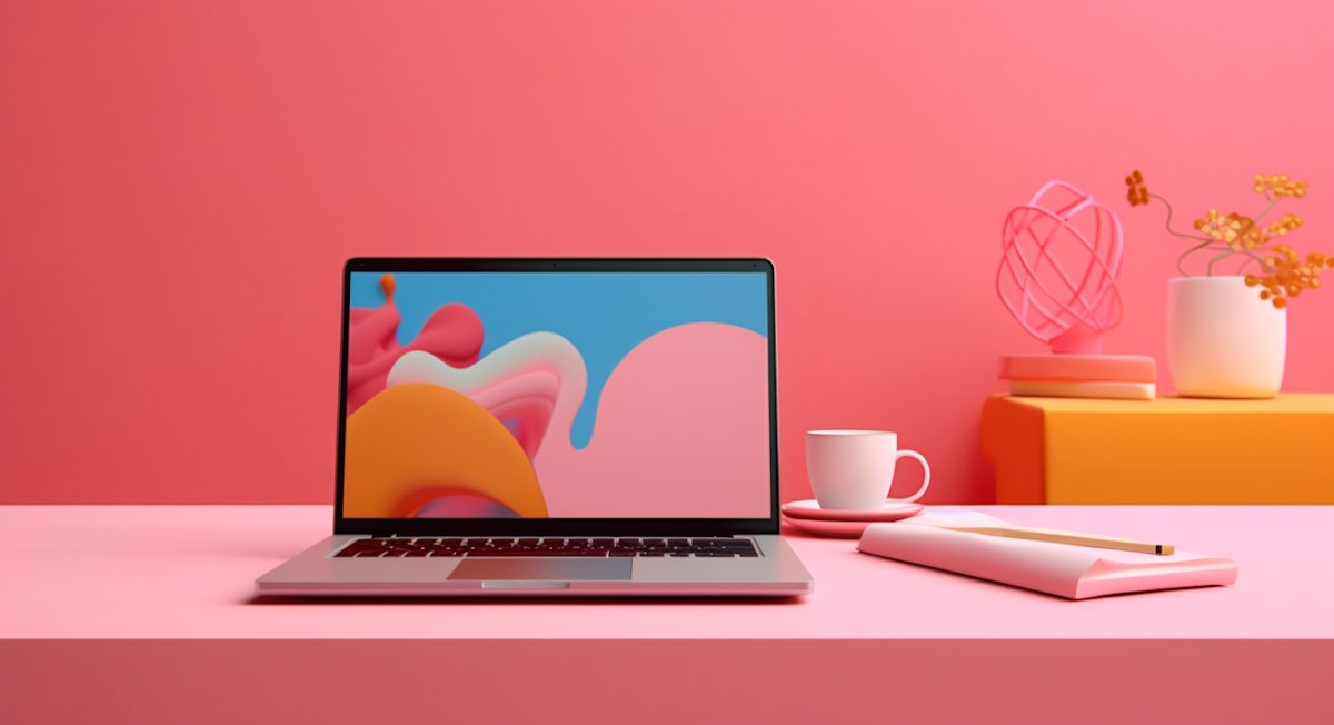 pink workspace in with laptop