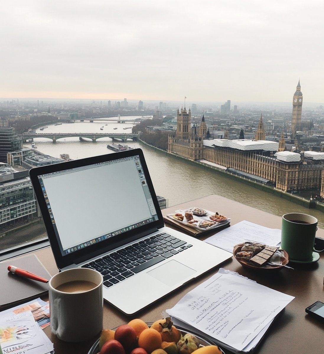 workspace with thames view and laptop