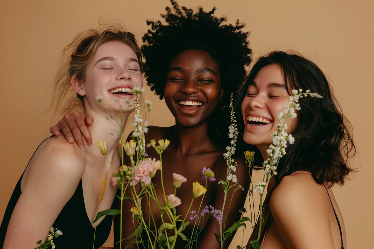 joyful women with flowers