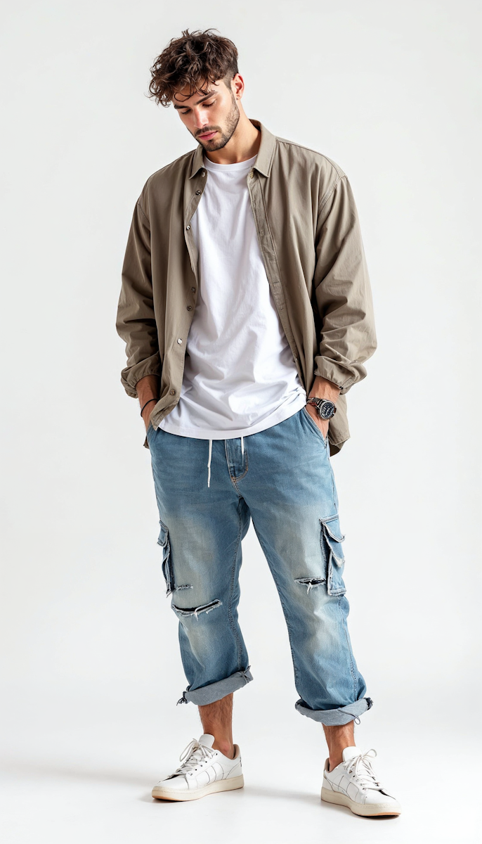 Layer a casual tee with an open button-down