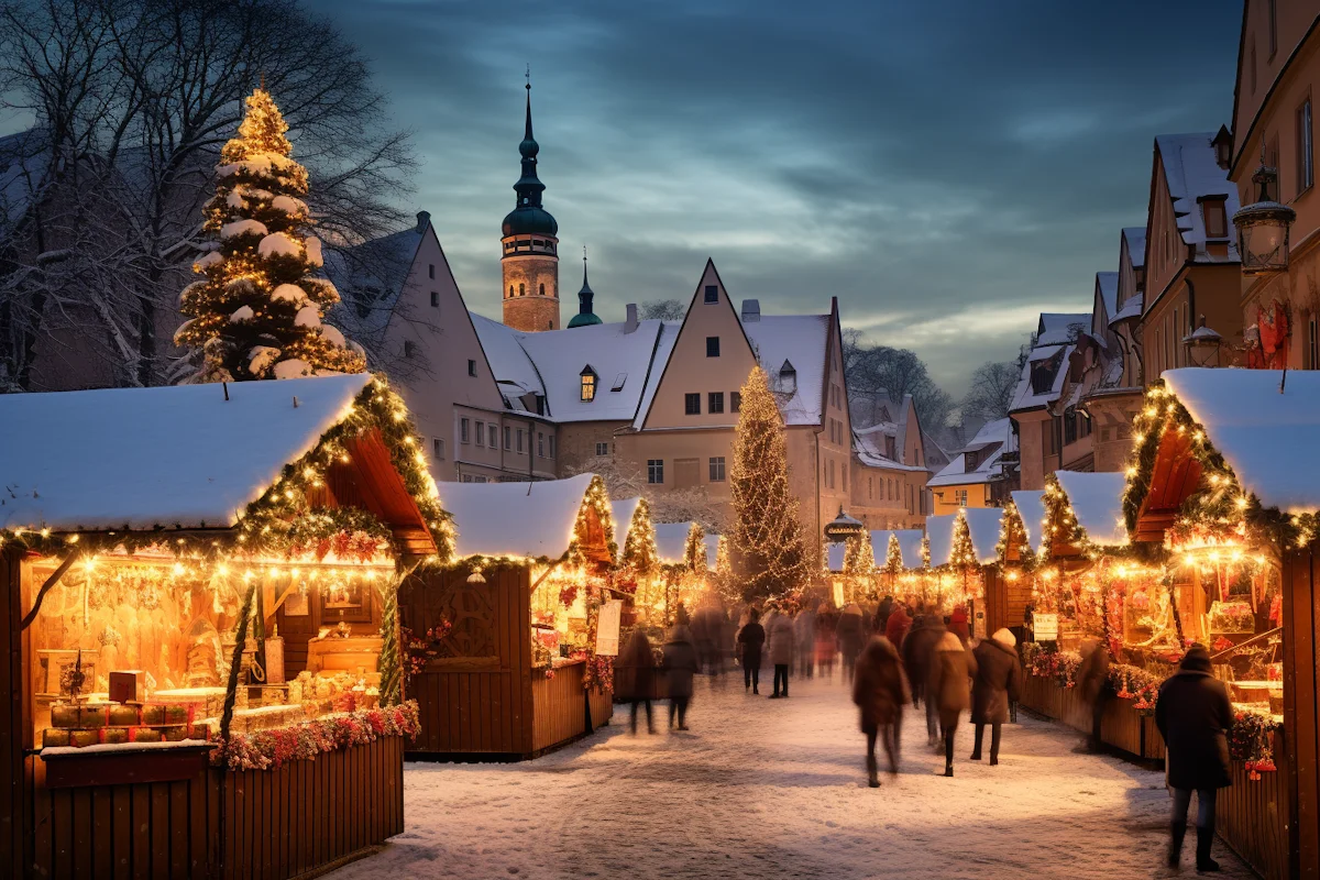 twilight snowy christmas market