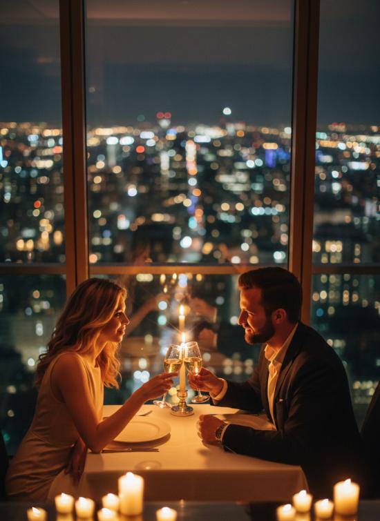 couple toast in high building