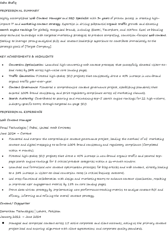 work experience section