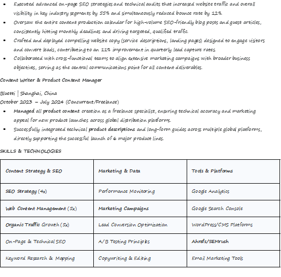 work experience section