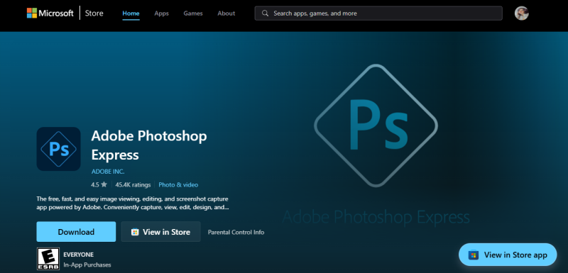 Photoshop Express lightweight photo editor for PC