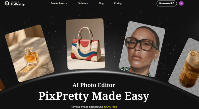 PixPretty online photo editor interface with background removal