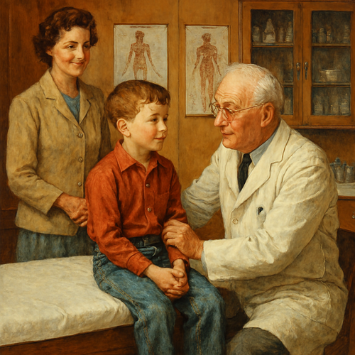 1950s doctor examines nervous boy with mother