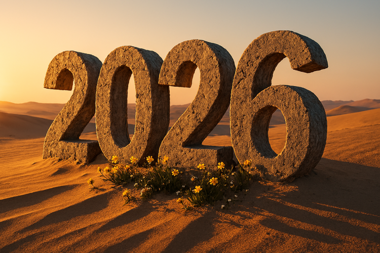 Ancient stone numerals in desert sunrise