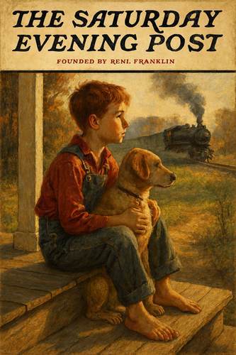 Boy and dog watch distant train
