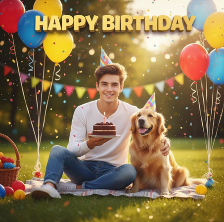 Boy crowned with cake and balloons