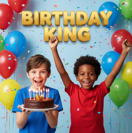 Boy smiling with chocolate cake and balloons