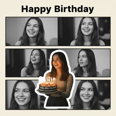 Colorful birthday cake cutout on black-and-white photo collage