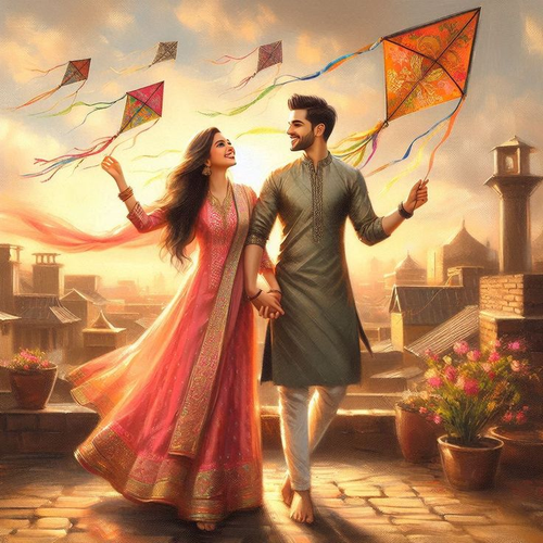 Couple Flying Kite at Makar Sankranti