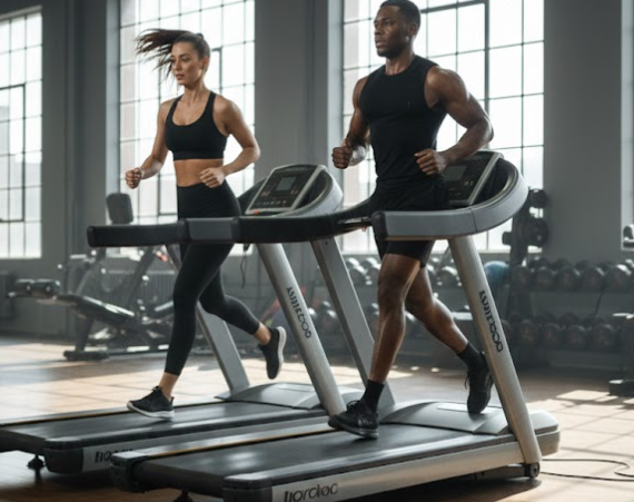 Couple running on treadmill
