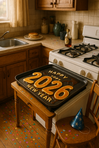 Cozy New Year's kitchen with pancake numbers