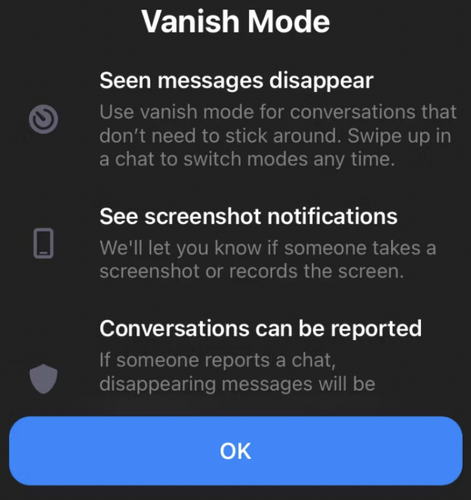 Facebook Notifies Vanish Mode Screenshots