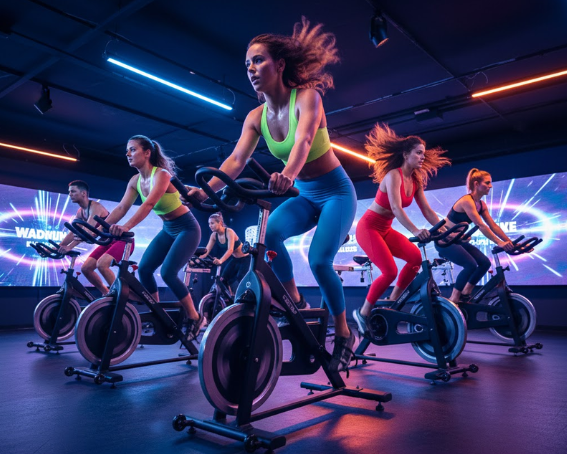 Energetic spinning class in vibrant gym