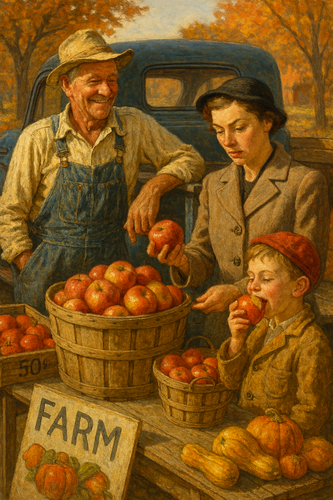Farmer and city woman at autumn farm stand