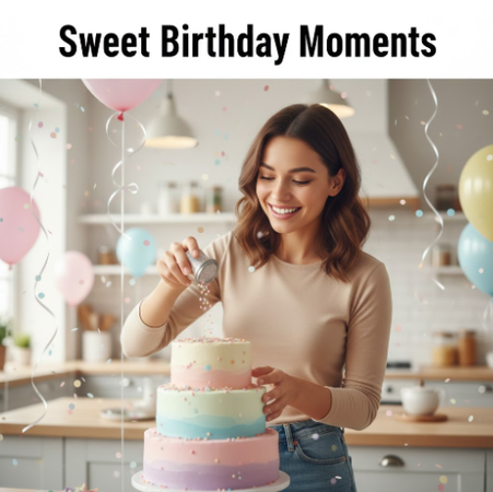 Girl decorating cake with sprinkles, smiling