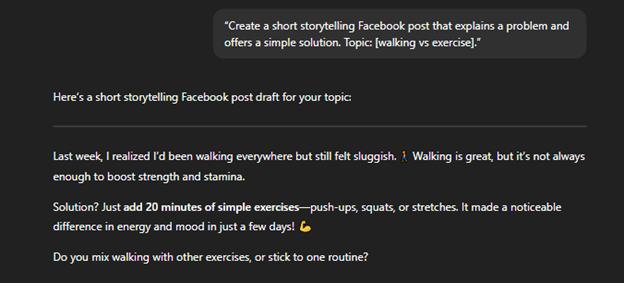 Create a short storytelling Facebook post