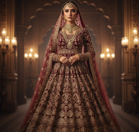 Indian bride in maroon-gold Anarkali