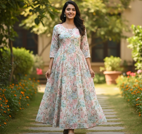 Indian girl in floral Anarkali dress