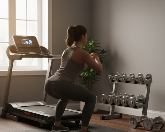 Man lifting weights in home gym Person squatting in cozy home gym