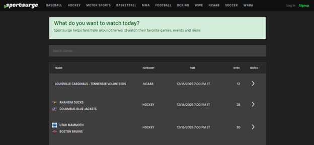 Sportsurge streaming platform interface